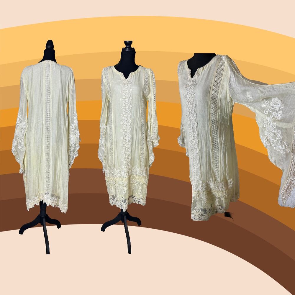 ✨ 1970s Angel Sleeve Boho Goddess Wedding Dress — Beading & Daisy Details